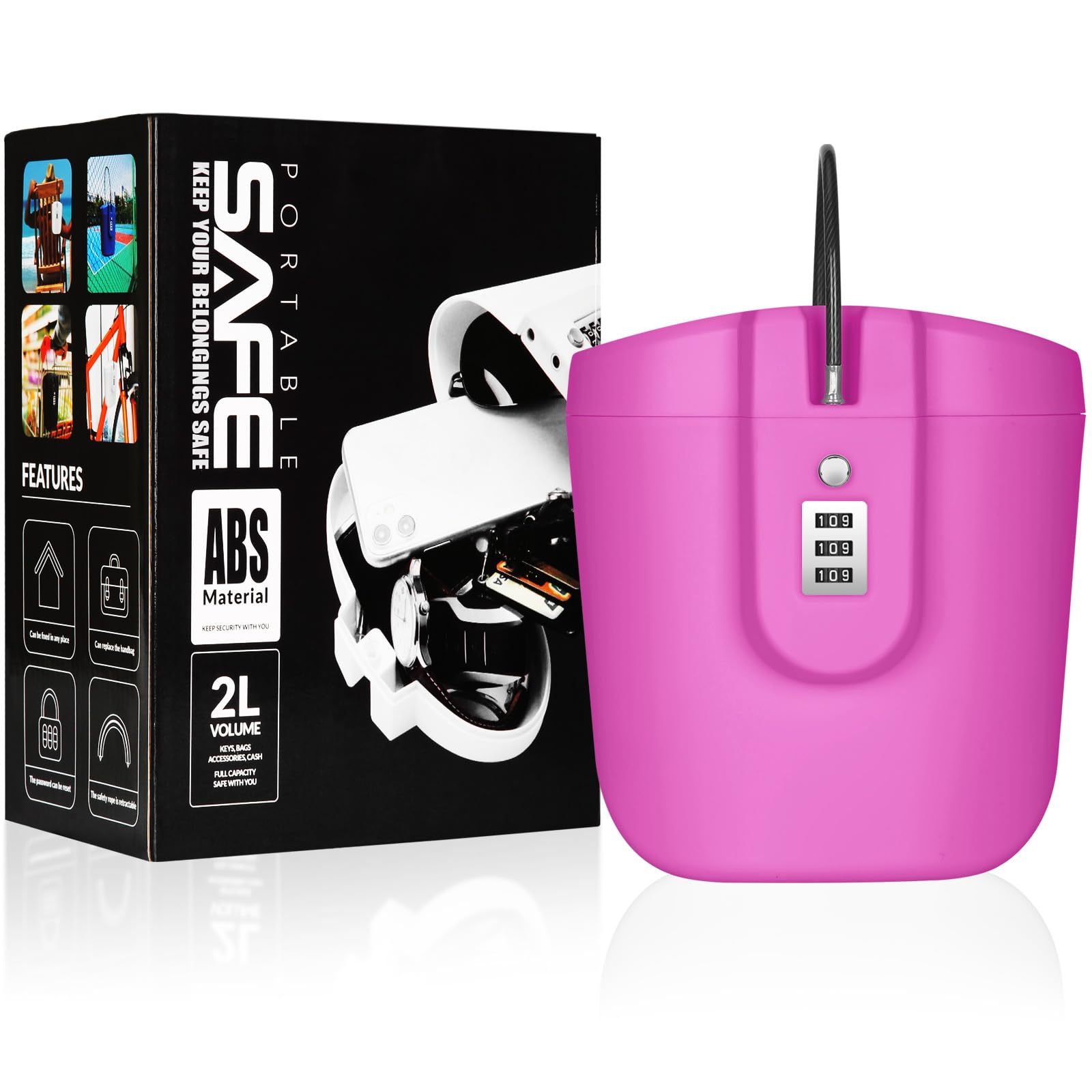 Hurinan Portable Lock Box, Combination Travel Safe & Beach Safe, 1.5L Anti-Theft Bag, Pink-red (CH-818)