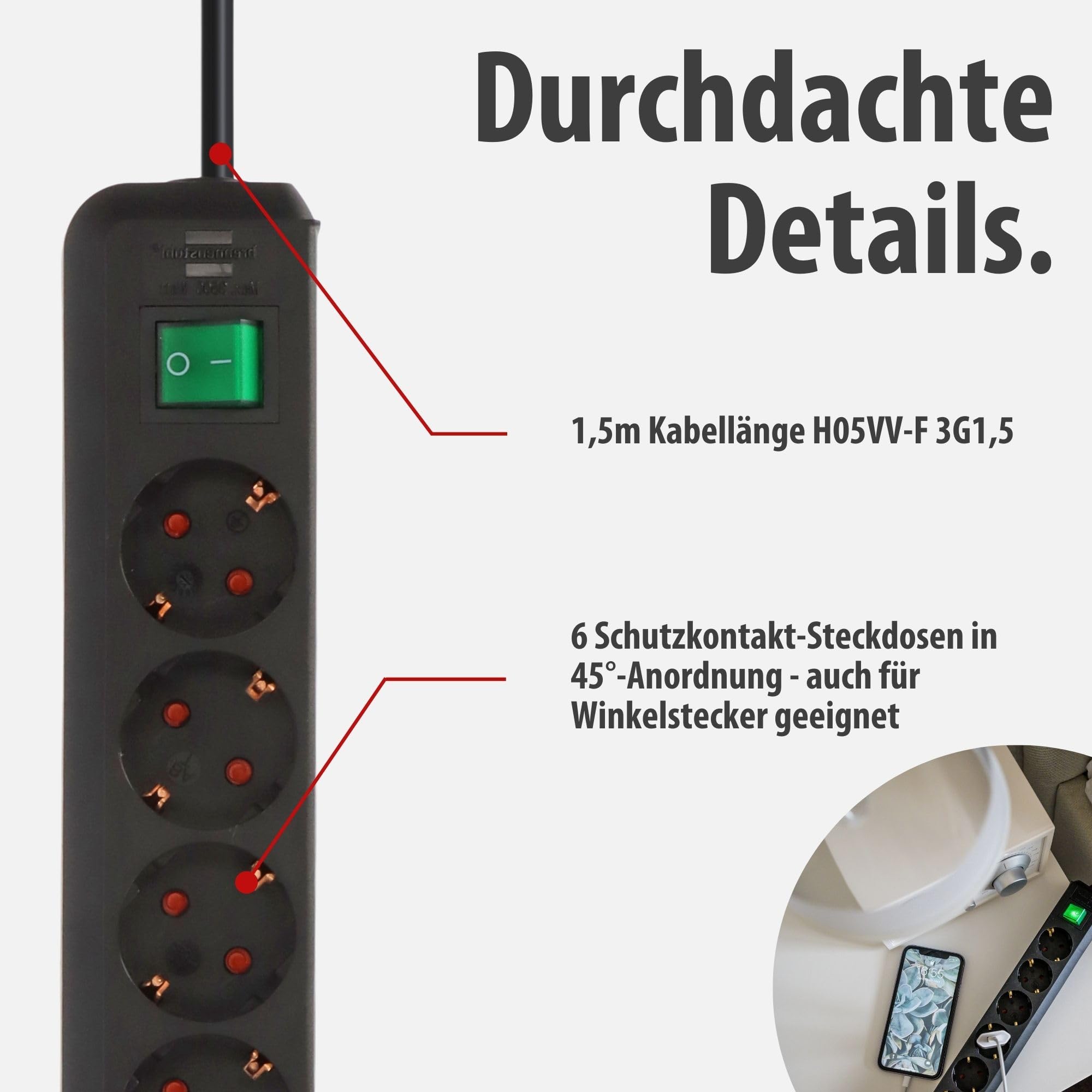 Brennenstuhl Eco-Line, Steckdosenleiste 6-Fach (Mehrfachsteckdose mit erhöhtem Berührungsschutz, Schalter und 1,5m Kabel) schwarz 4