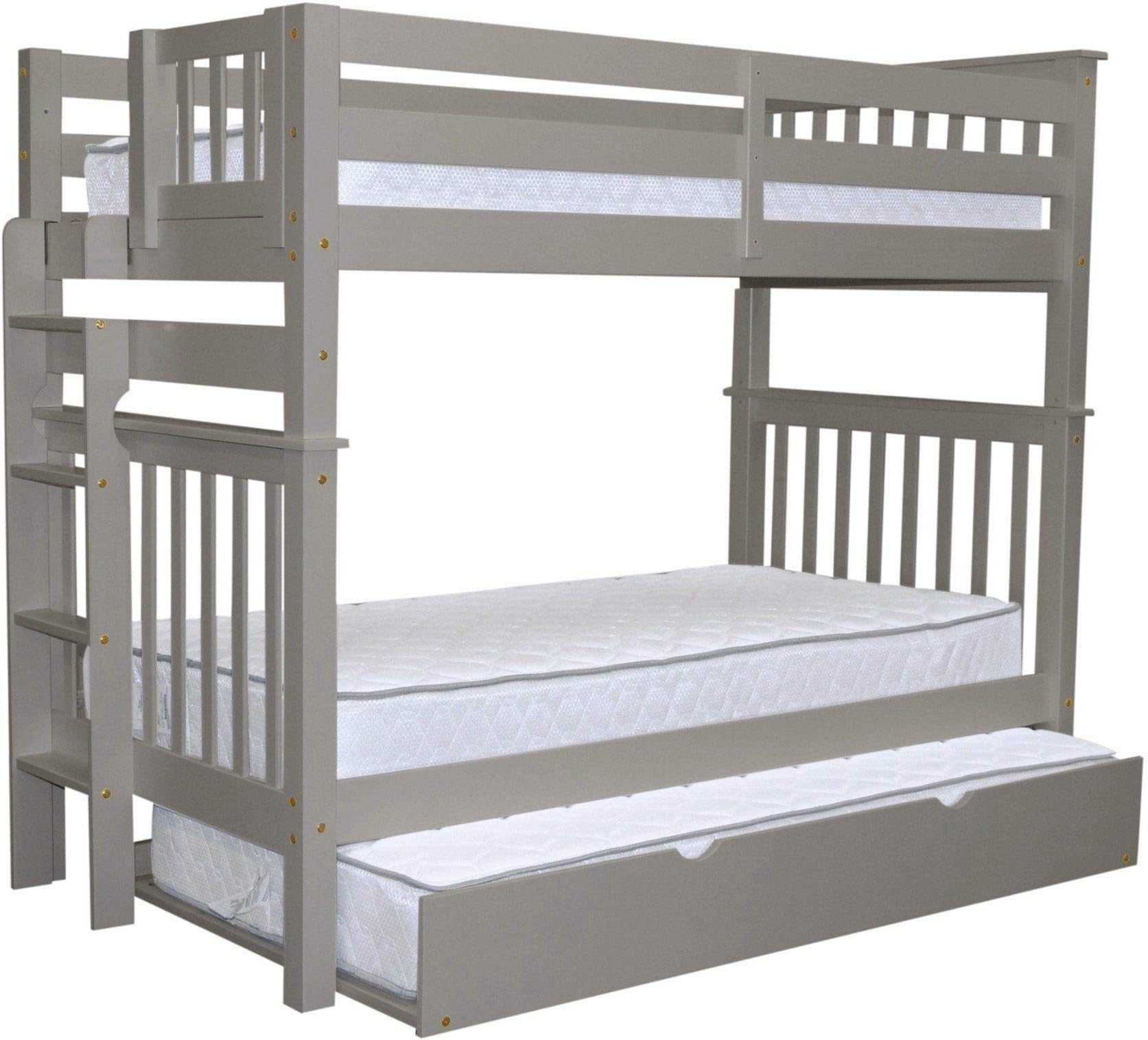 Bedz King Tall Bunk Beds Mission Style with End Ladder and Twin Trundle, Gray, Grey