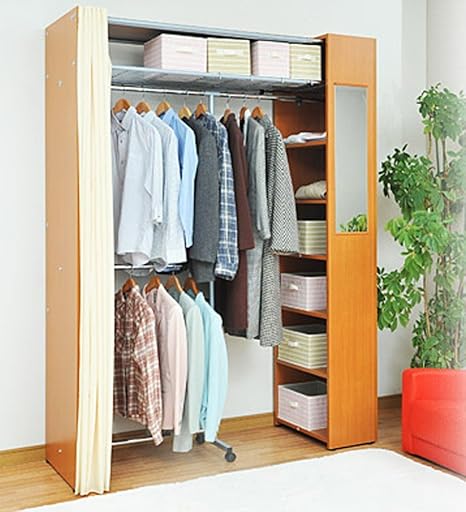 Amazon Co Jp 伸縮 ハンガーラック ワンピースやコート等々 長い服も余裕で 収納 収納家具 カーテン カバー クローゼット 洋服収納 鏡付き 0cmタイプ ナチュラル ホーム キッチン