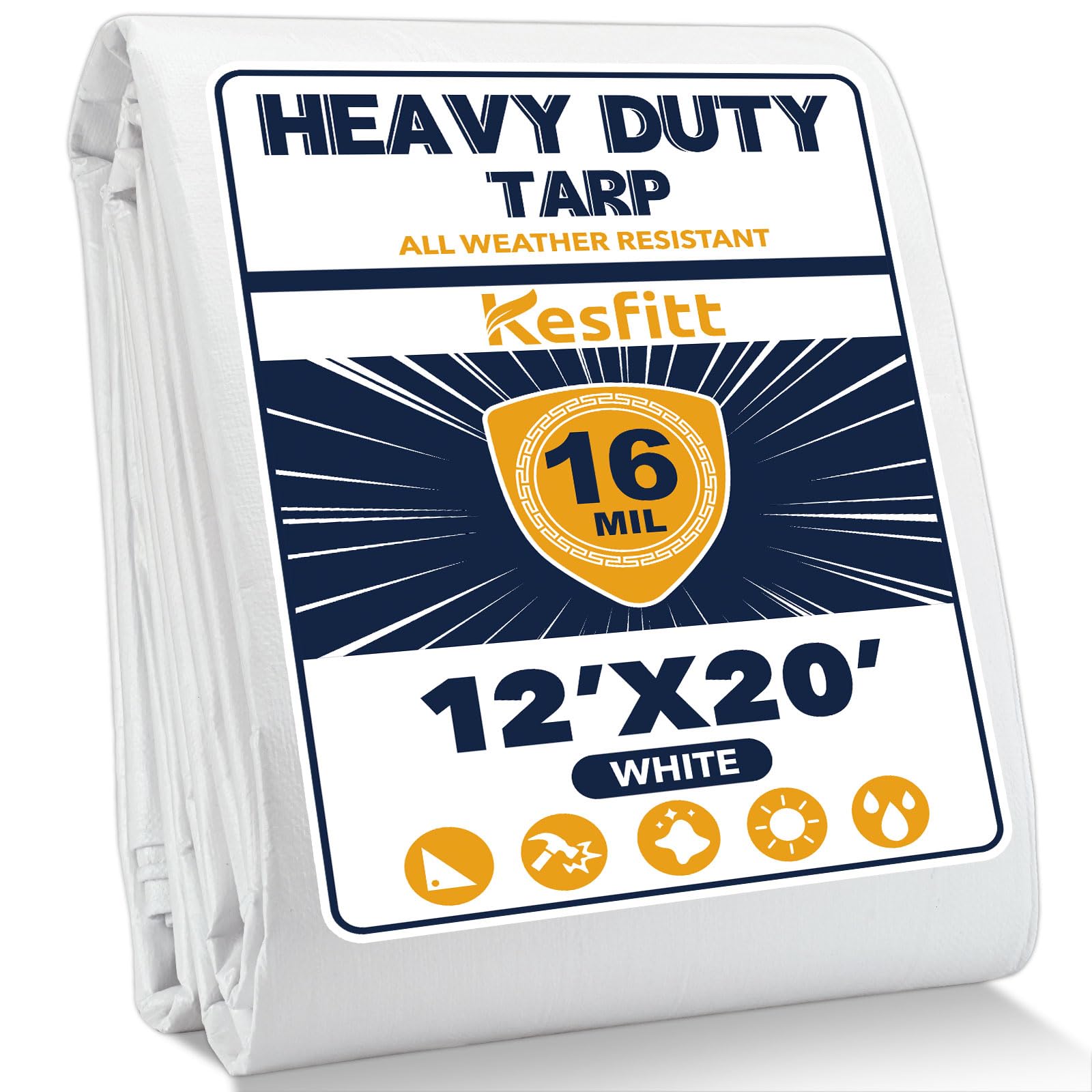 Photo 1 of Kesfitt Tarp Heavy Duty Waterproof 12x20FT,16 Mil Thick Tarps Tear&Fade Resistant,UV Resistant,Poly Tarp Cover with Grommets and Reinforced Edges for Outdoor Camping Pools Boat Car(White)