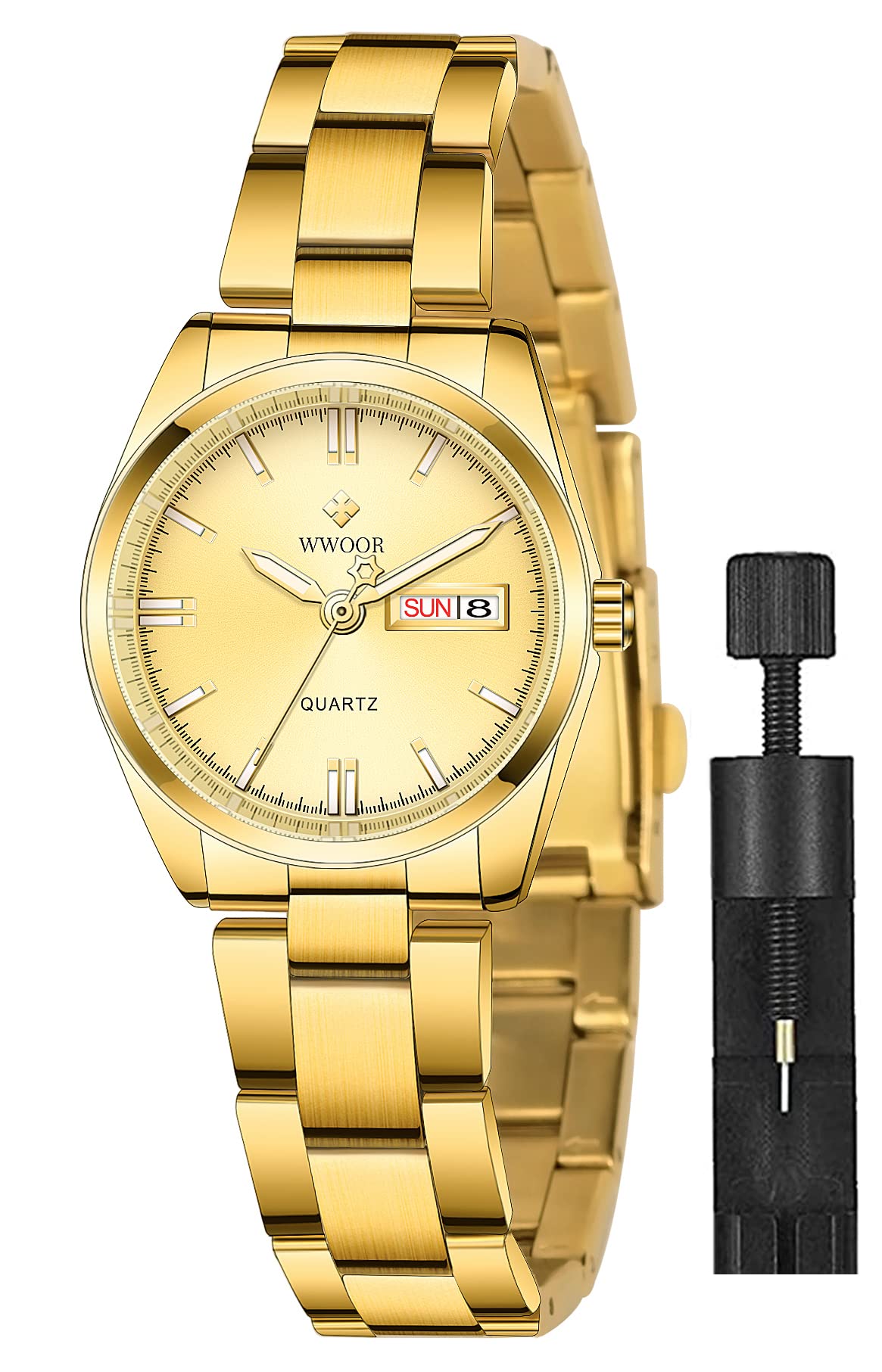 Gosasa Women's Silver Stainless Steel Band Wrist Watches Fashion Quartz Analog Watch Small Face Ladies Dress Watch, Full Gold, Casual