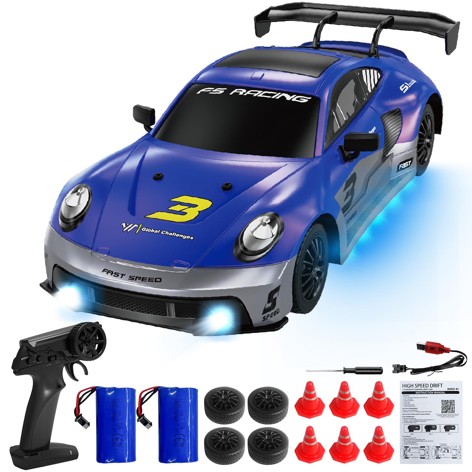 Mostop Remote Control Car 1/16 Scale 4WD RC Drift Car, High Speed Drifting RC Cars with LED Light Spray, 2 Batteries and Extra Tires, Hobby RC Sport Racing Cars Model Vehicle for Kids Adults (Blue)