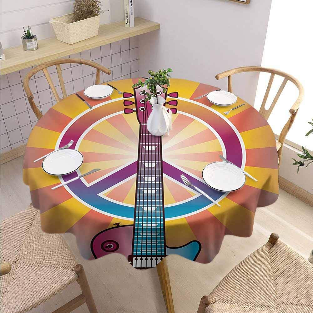 DILITECK Retro Terrace Round Tablecloth Colorful Guitar and Peace Symbol and Dove Dedicated to The Woodstock Artsy Tribute Fabric Tablecloth Diameter 60" Multicolor