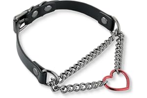 Black/Pink Leather Choker Necklace For Women, Handmade Adjustable Chain Collar with Metallic Heart Ring Best Gifts for Valent