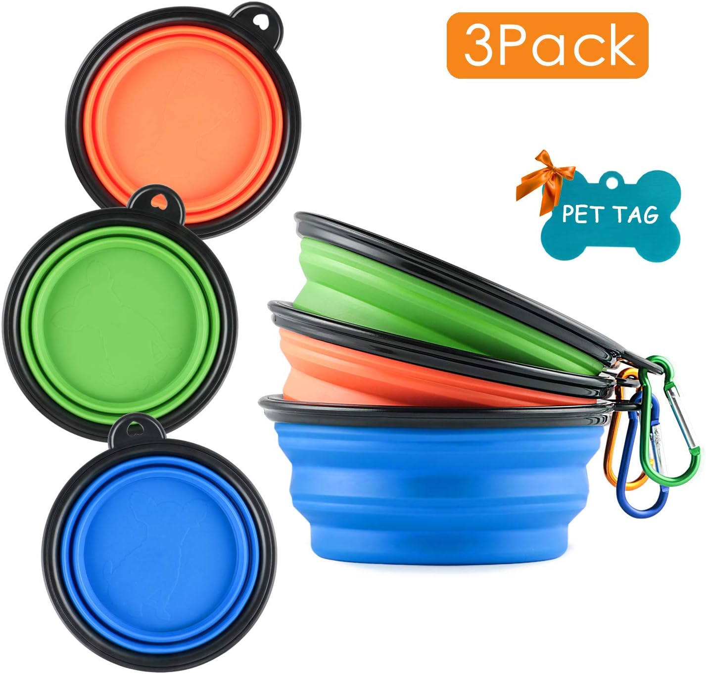 MXZONE 3 Collapsible Dog Bowl, Portable Travel Water Bowl for Small Pet Dog Cat Food Water