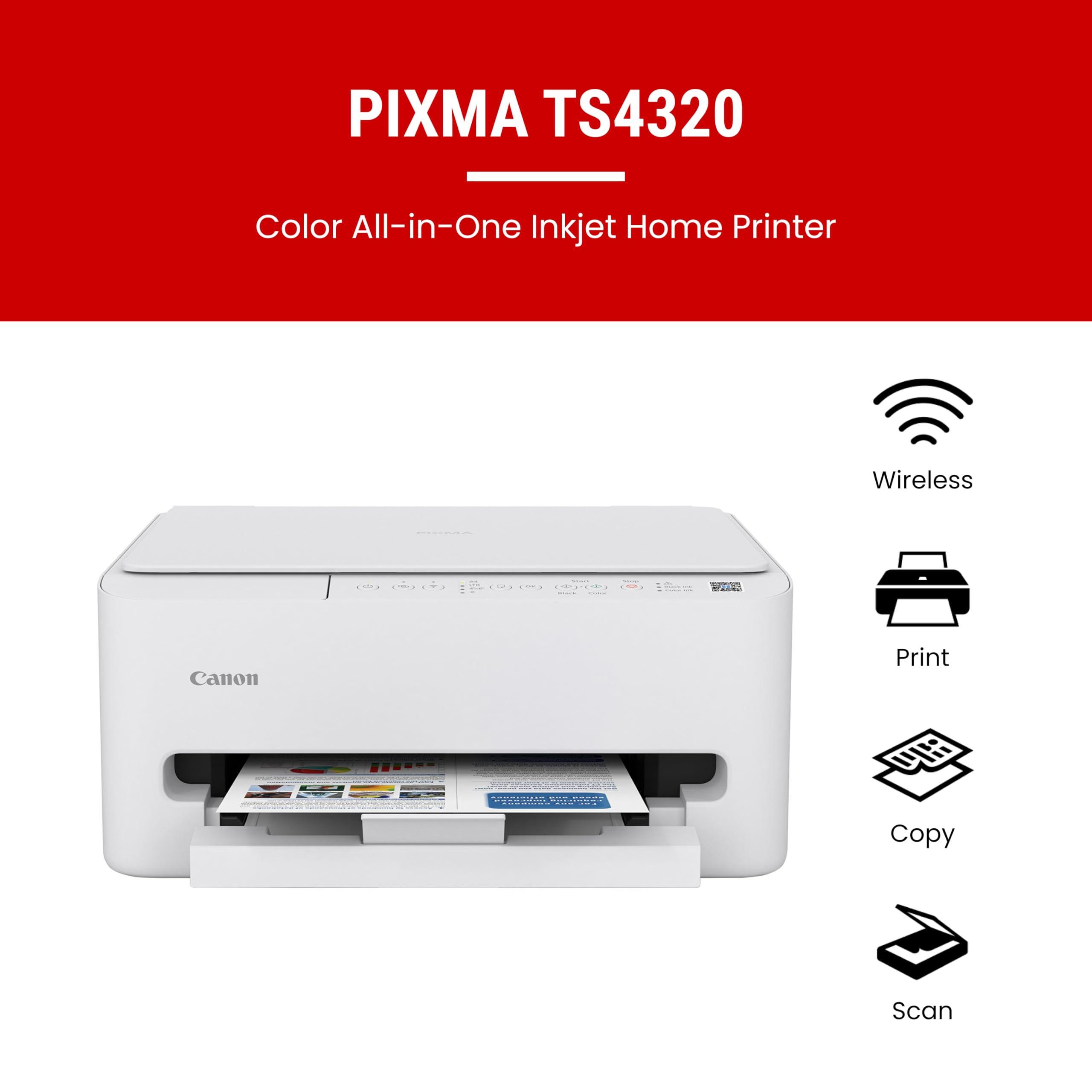 Canon PIXMA TS4320 Wireless Color Inkjet Printer for Duplex Printing, White – Cost Efficient Home Printer with Copier/Scanner, Compact Design, Easy Setup, 1 Year Limited Warranty