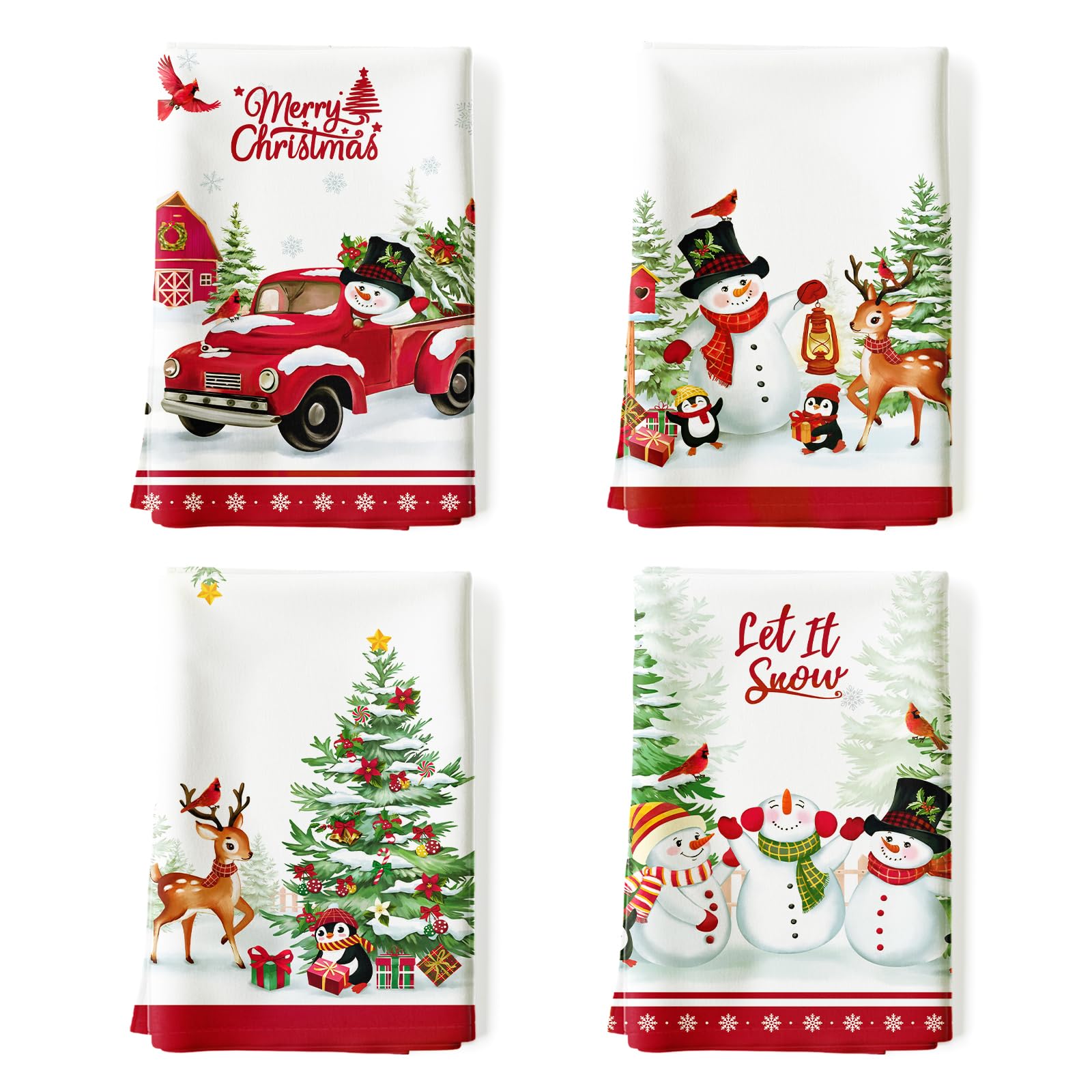 Arquiel 4 Pcs Christmas Snowman Kitchen Towel 100% Cotton Winter Absorbent Dish Towel 70 x 48 cm Housewarming Animal Decorative Hand Towel for Dining Home