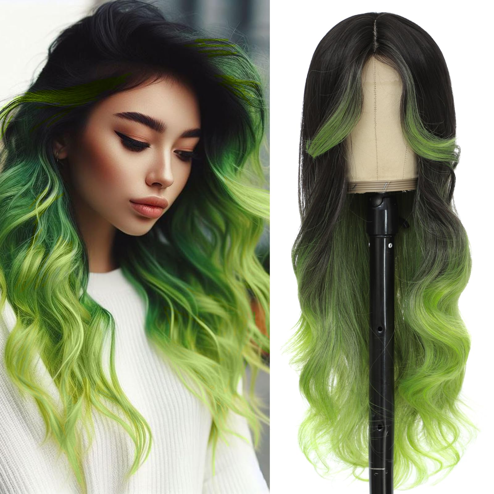Photo 1 of iluadme Black And Green Wig Highlight Sythetic Long Wavy Wig 26" Skunk Stripe Wigs For Women Daily Party Used Middle Part Cosplay?#OTgreen?