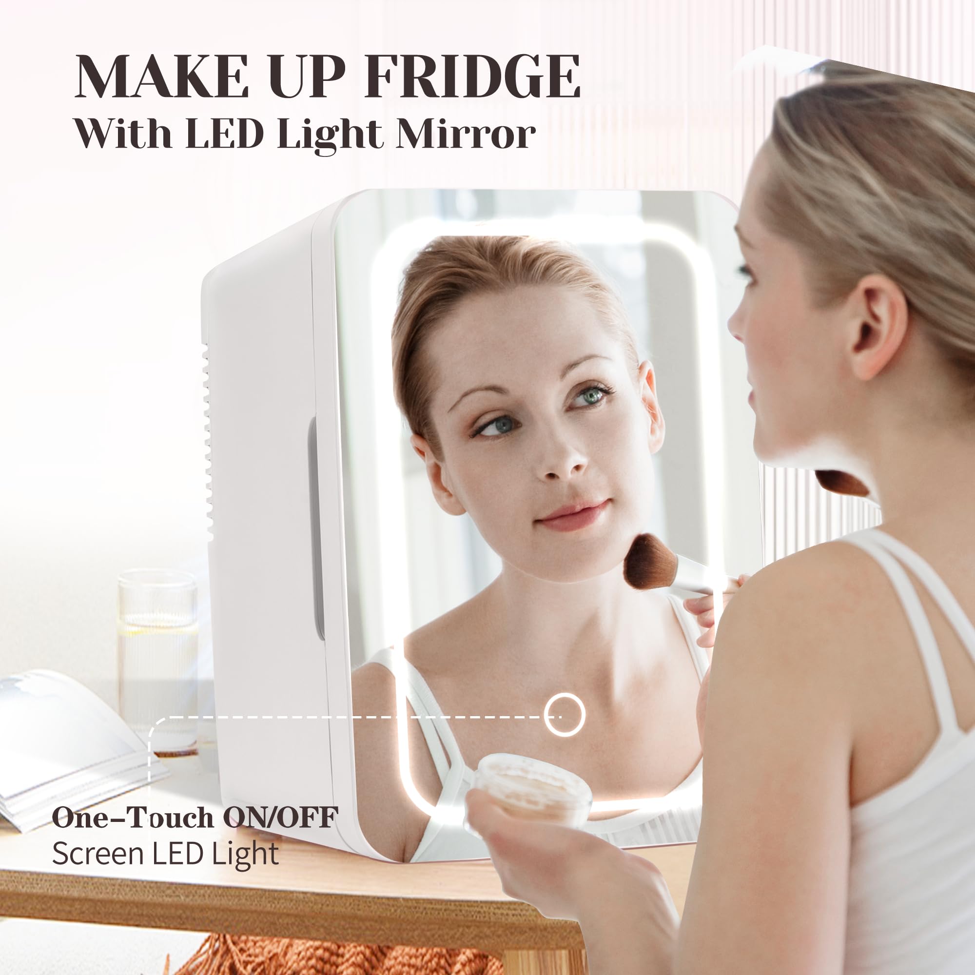 Mini Fridge for Bedroom 6L/8 Cans Skincare Fridge with LED Miroor Portable Cooler & Warmer 110V AC/12V DC Compact Small Refrigerator for Skin Care Cosmetic Beverages Drinks, Office Dorm and Car, White - Image 3
