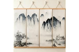 Noamus 4 Pack Landscape Painting, China Fir Wooden Frame Hanger, Chinese Traditional Wall Art, Hanging Scroll Poster Canvas A