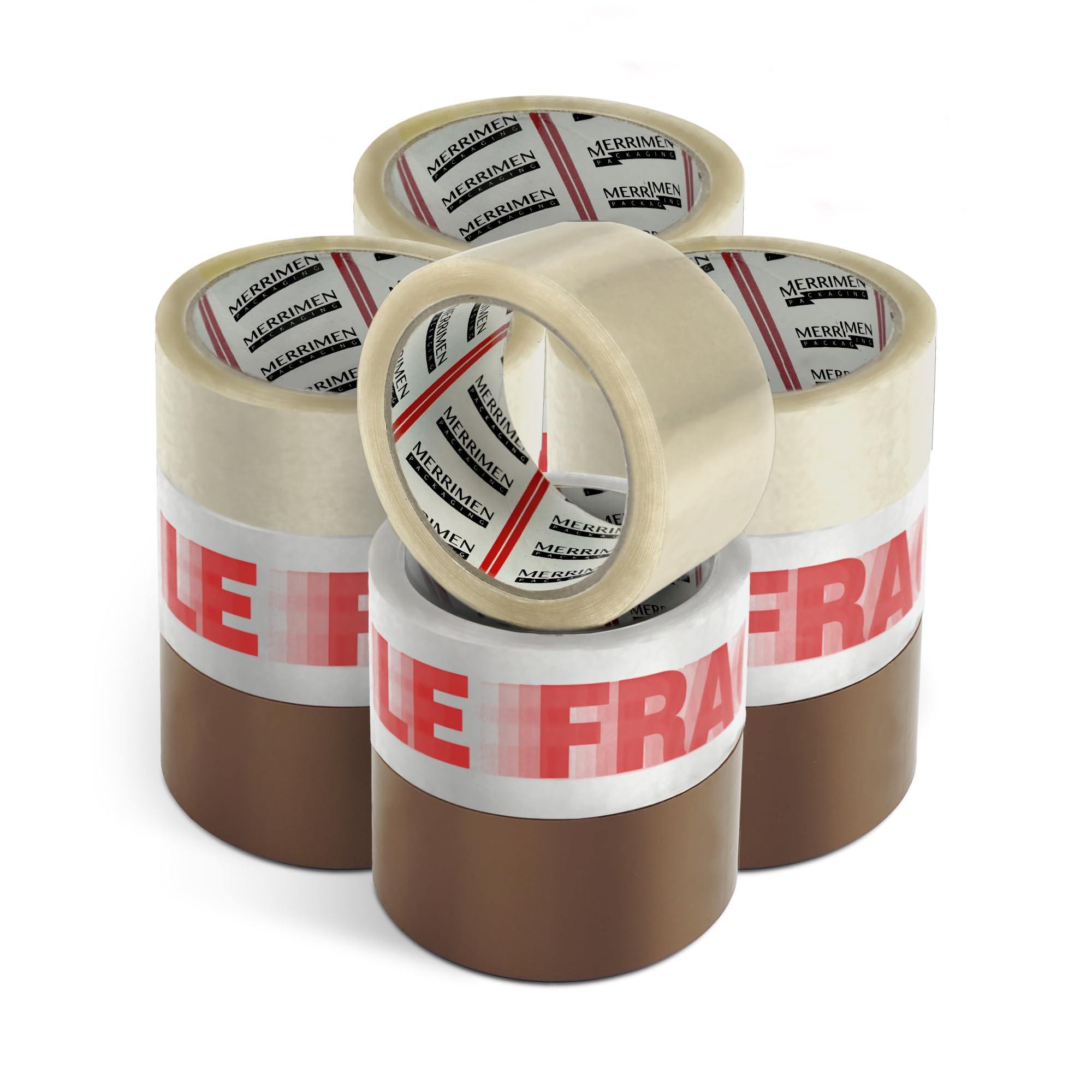 Merrimen Strong Heavy Duty Roll Pack Fragile Packaging Tape, Secure Sticky Sealing Tape for Parcel Boxes, Moving Boxes, Large Postal Bags for Long Term Storage, (48MM x 66M) (12 rolls, Mixed)