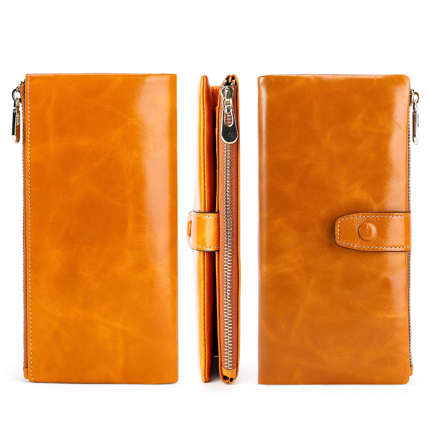 Wallets for Women RFID Bifold Blocking Womens Wallet Large Capacity Minimalist with Zipper Pocket Luxury Wax Genuine Leather Phone Passport Clutch Wallet Wristlet Ladies Purse (Bright orange)