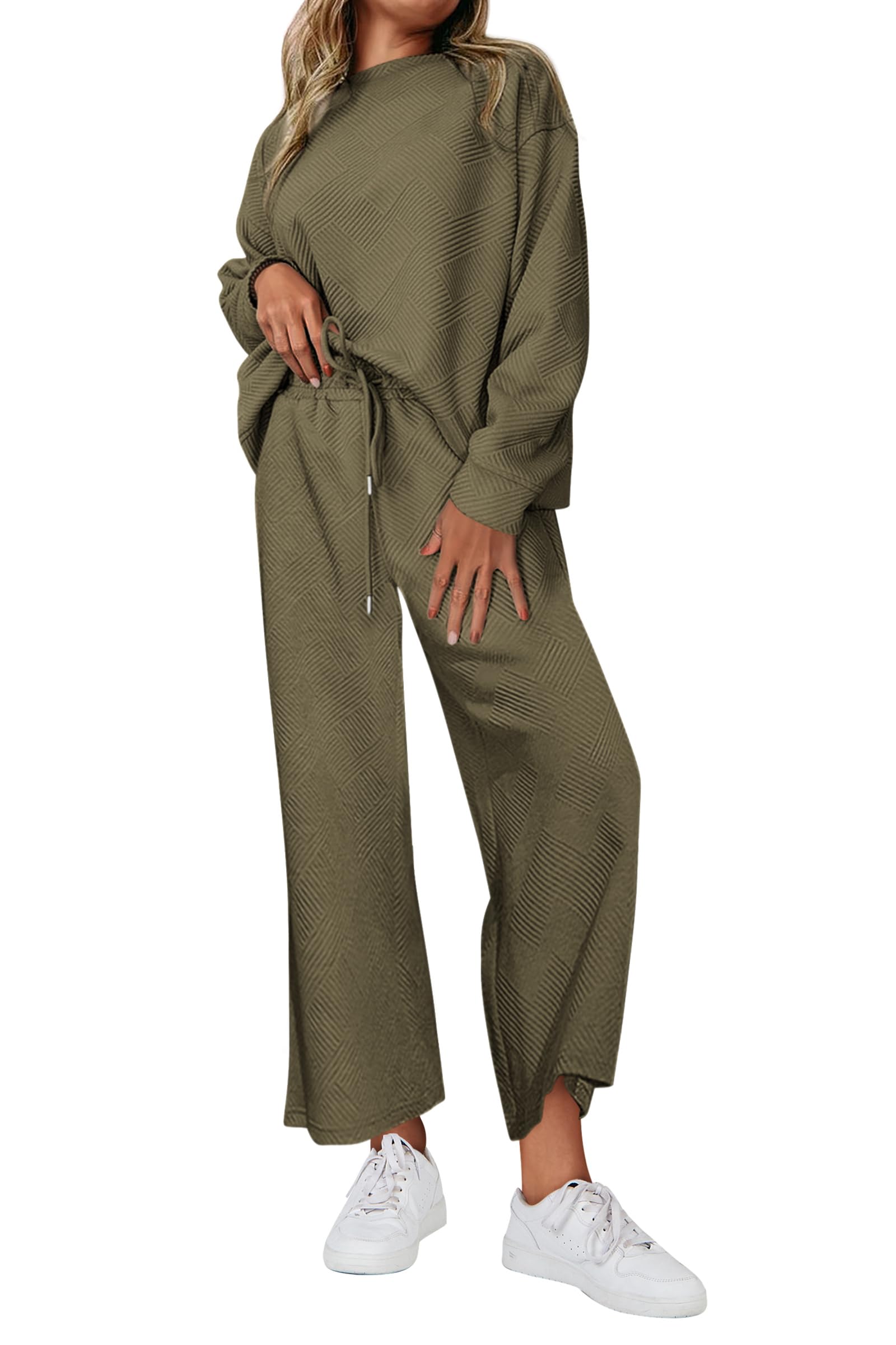 Photo 1 of PRETTYGARDEN Womens 2025 Fall 2 Piece Outfits Long Sleeve Pullover Tops Wide Leg Pants Matching Lounge Sets Fashion Clothing (Army Green,Medium)