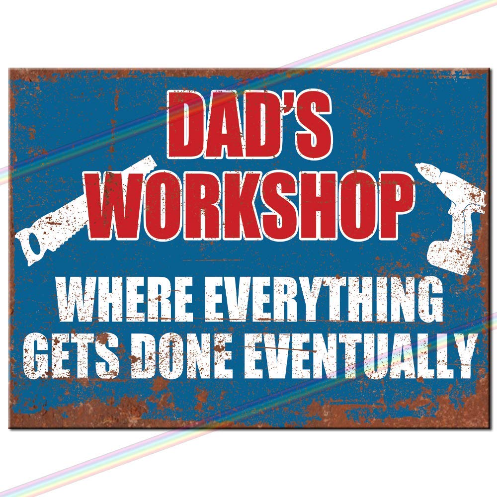 Dad's Workshop Metal bar Sign Father's Day Gift Beer Man Cave Funny Vintage Tin Retro Hanging Wall Plaque Kitchen Shed Garage. Large (27cm x 18cm)