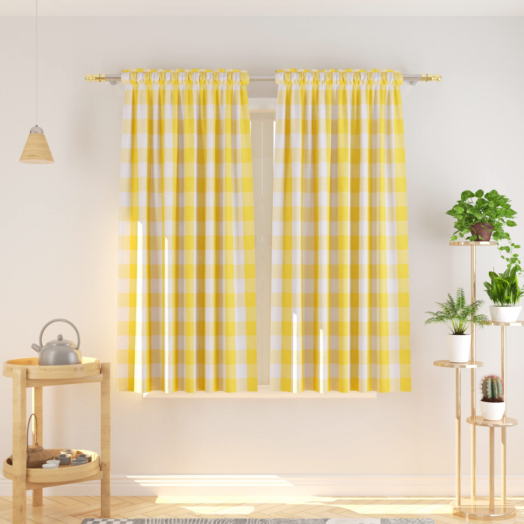 Natus Weaver Buffalo Check Curtains 45 inches Long Cotton Basement Yellow and White Gingham Plaid Kitchen Window Panels Living Room Checker Drapes Bedroom Rod Pocket Window Treatment 2 Panels