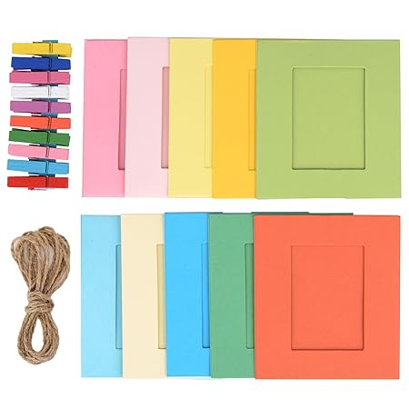 20 Stück Papierrahmen Papier Fotorahmen Bilderrahmen mit 20 Stück Mini Holzklammern und 2 Stück Twines, Mehrfarbig, 42 Stück