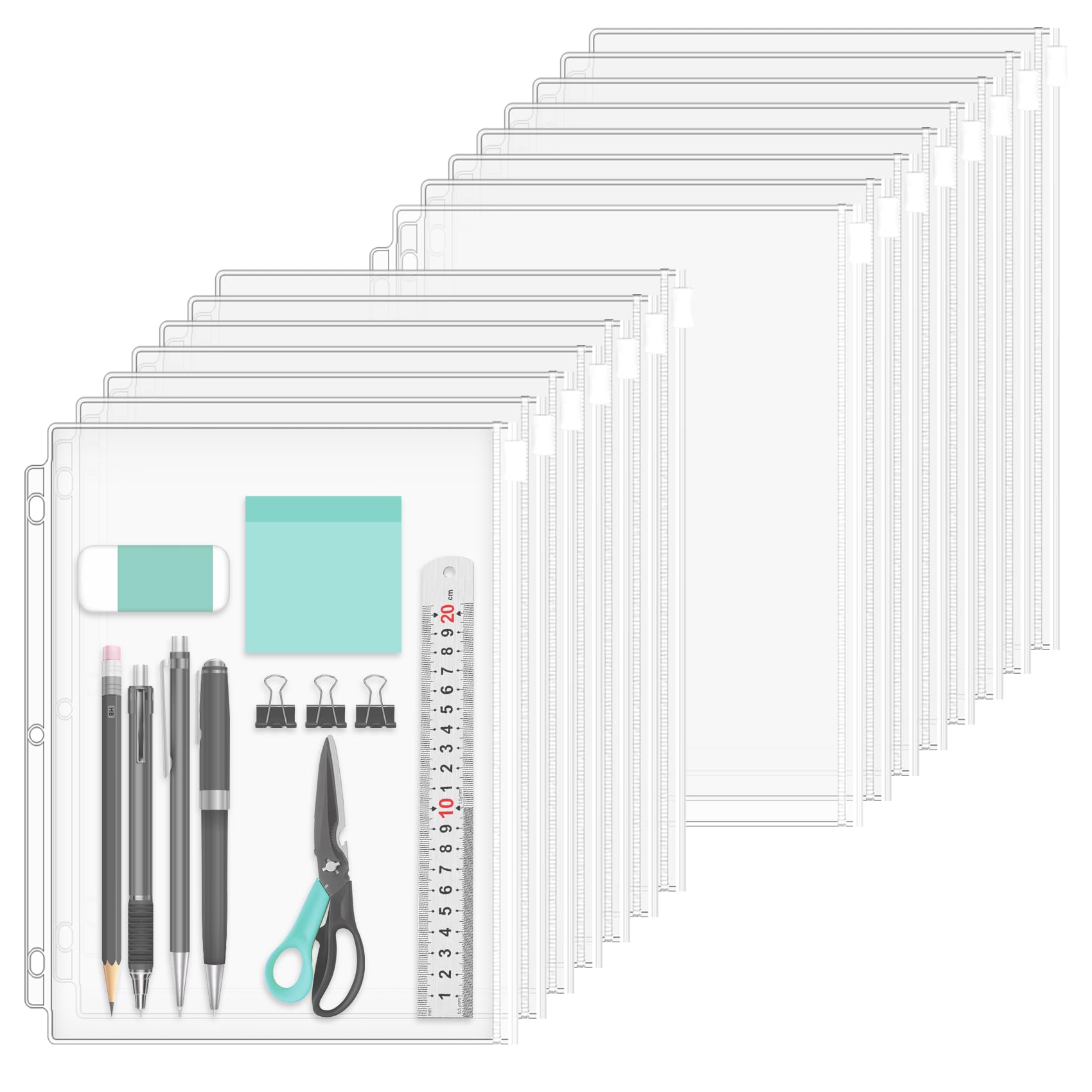 Plomevry 3 Holes Binder Pocket Letter Size 15 Pack, Clear PVC Zipper Binder Folder 3 Ring Binder Insert Pocket Pages Side Loading Waterproof Loose Leaf Bags File Holder for, School, Home