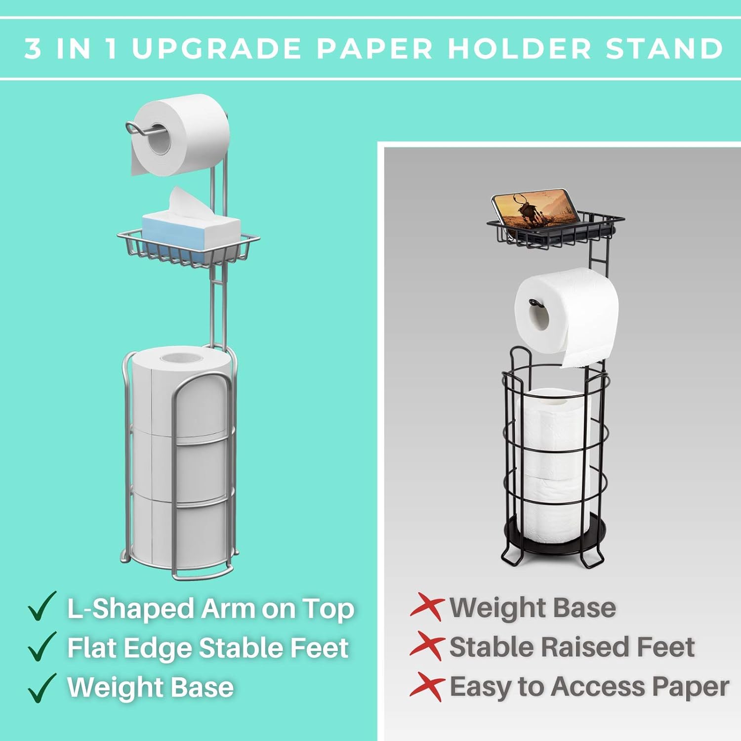 Upgrade Toilet Paper Holder Stand, Silver Gray Freestanding Toilet Paper Roll Holders with Shelf, Bathroom Tissue Storage Rack: Kitchen & Dining