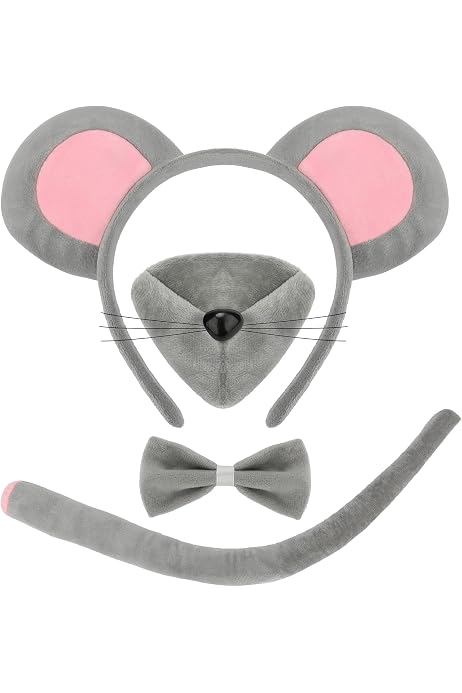 Mouse Costume Set For Kids - 4 Pc Kit With Ears Headband, Nose, Tail & Bow Tie For Halloween & Dress Up
