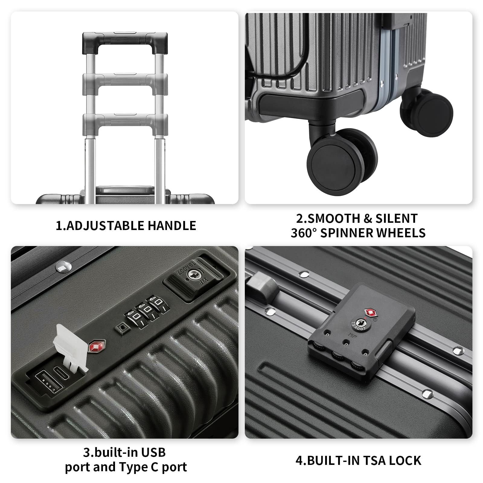 Airline Approved Carry on Luggage with Spinner Wheels,20 inch Aluminum Framed Suitcase,Built-In TSA lock,with USB Port & Cup Holder & Phone Holder Hard Case Luggage Travel Suitcase (Gray)