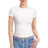 PUMIEY Women's Crew Neck Short Sleeve Tops Double Lined Slim Fit T Shirts Basic Tee Smoke Cloud Pro Collection