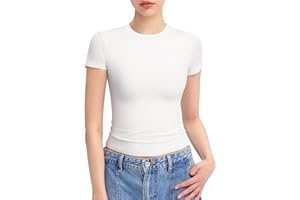 PUMIEY Women's Crew Neck Short Sleeve Tops Double Lined Slim Fit T Shirts Basic Tee Smoke Cloud Pro Collection