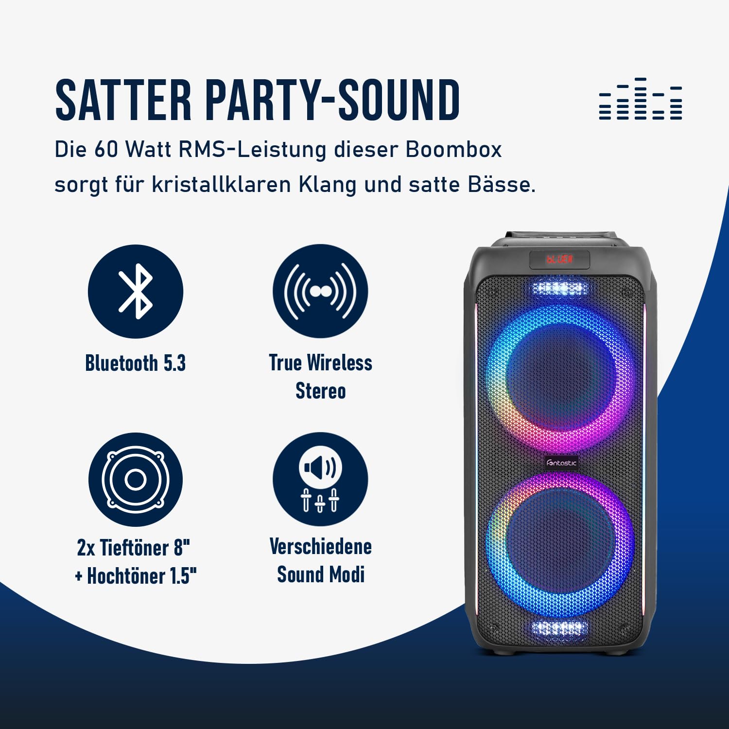 Fontastic Party-Lautsprecher Zeal - Bluetooth Lautsprecher mit USB-Wiedergabe, AUX und MicroSD - Karaoke Box mit Mikrofon und LED Leuchteffekten - tragbares Soundsystem - Schwarz (Zeal 600) 3