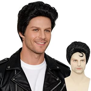 FYXZHUO Black Short Retro Rock Star Wig for Men 50s 60s Vintage Pompadour Hairstyle Wig for Halloween Cosplay and Daily Wear
