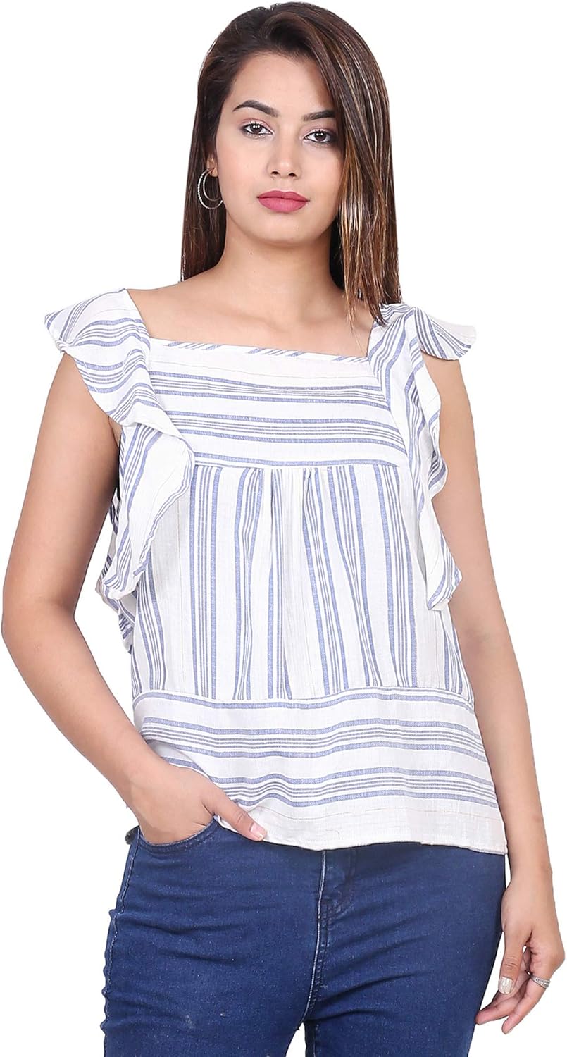 Buy GOODWILL Women's Cotton Striped Ruffeled Top at Amazon.in