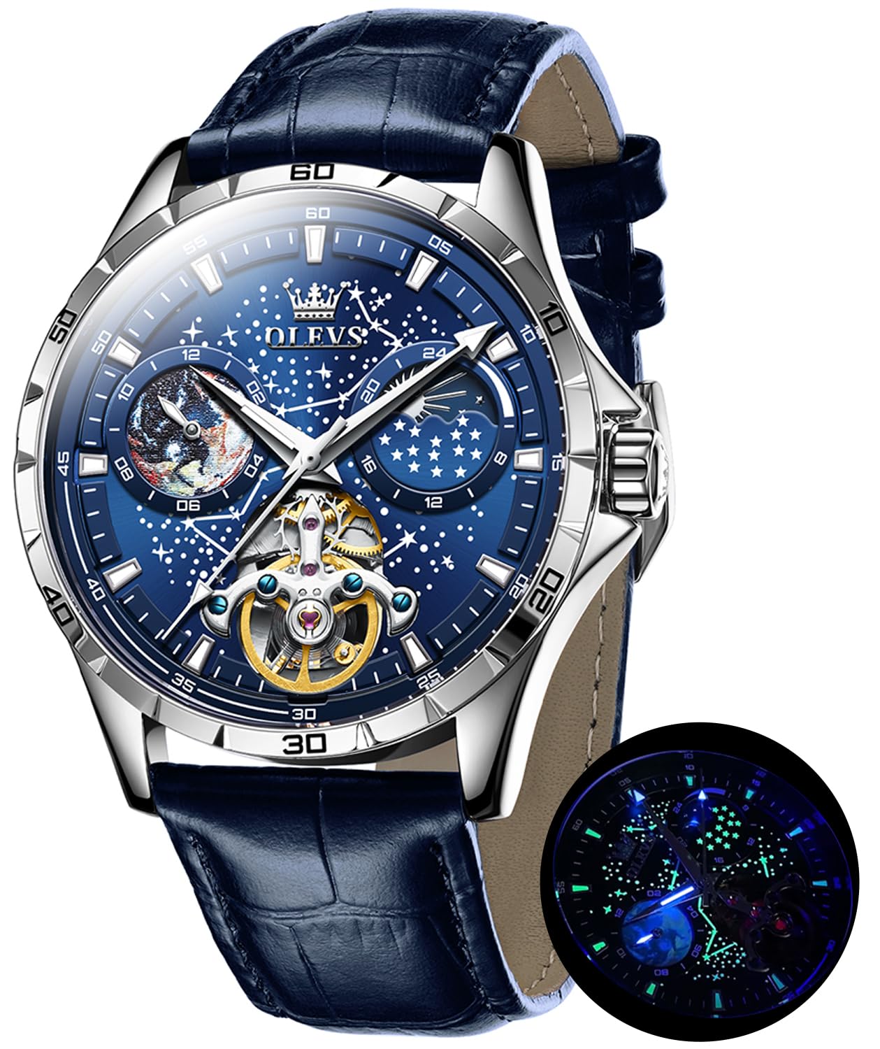 OLEVS Men's Automatic Mechanical Watch Starry Sky Dial Leather Strap Waterproof Watch for Men, blue-6689 leather, Classic