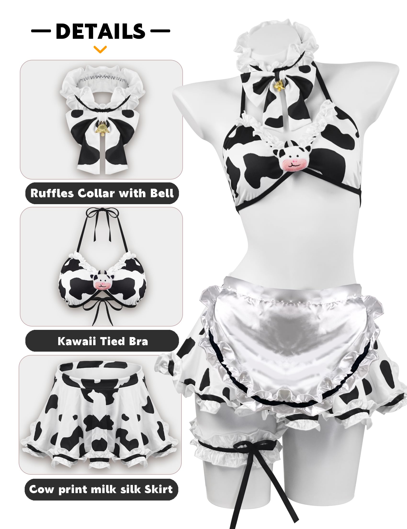 paloli Sexy Cow Lingerie for Women, Roleplay Lingerie, Classic Cow Print Milk-Silk Fabric with Accessories, Maid Outfit French Maid Costume