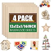 4 Pack Basswood Sheets 1/16x12x12 Inch,1/16 Basswood for Laser Cutting & Engraving, Thin Balsa Wood Sheets, Unfinished Wood for Crafts, Plywood Sheets for Models Making, Wood Burning and Painting.