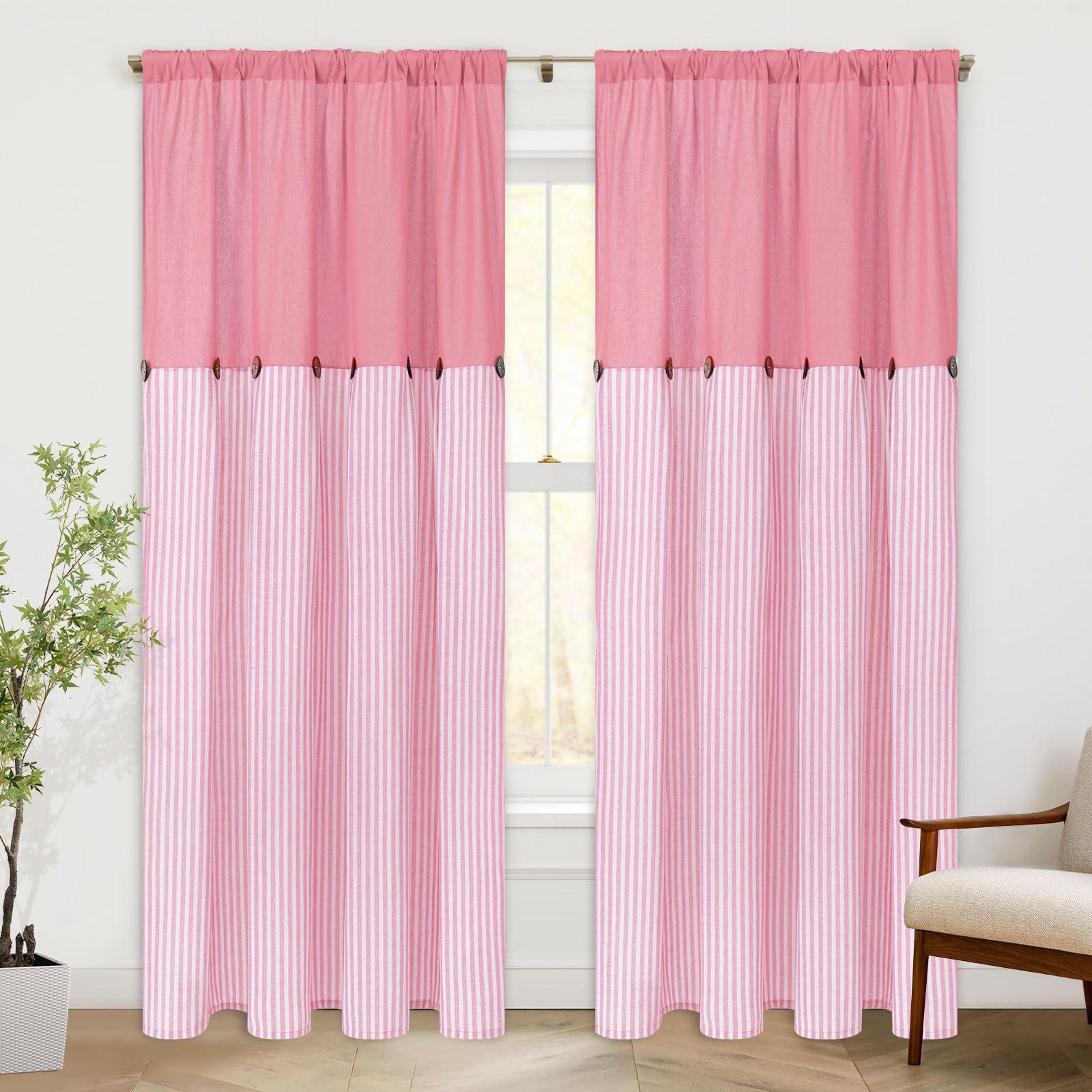 ASPMIZ Cotton Linen Pink Curtains for Girls Living Room, Rod Pocket & Back Tab Boho Curtains for Bedroom, Country Farmhouse Striped Curtain with Rustic Buttons, Home Decor, 52 x 84 Inch, 2 Panels Image