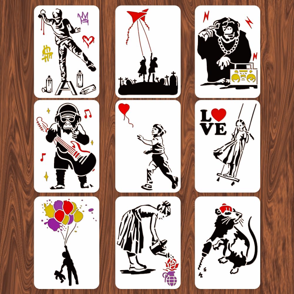 INFUNLY Banksy Theme Drawing Stencil Set - Reusable Banksy Street Art Stencil for Painting on Wall, Tile, Canvas, Furniture, Paper - 11.6X8.2