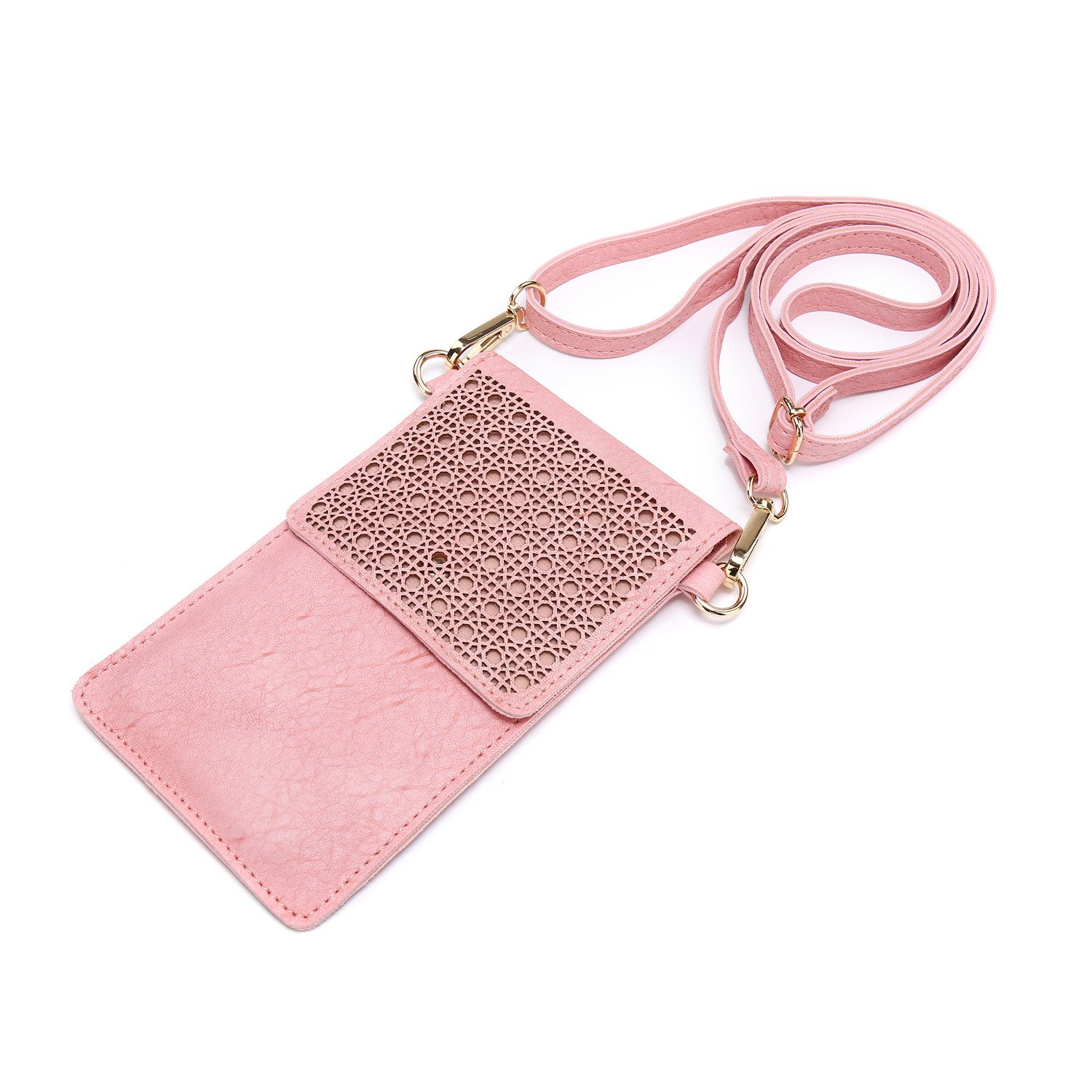 AnsTOP Women Hollow Texture Leather Small Crossbody Bag Cell Phone Pouch Handbag with 2 Shoulder Straps Pink