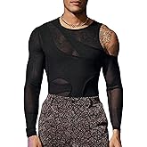 COZYEASE Men's Cold Shoulder Hollow Out Long Sleeve Mesh Tee Slim Fit Sheer Asymmetrical Neck T Shirt Clubwear