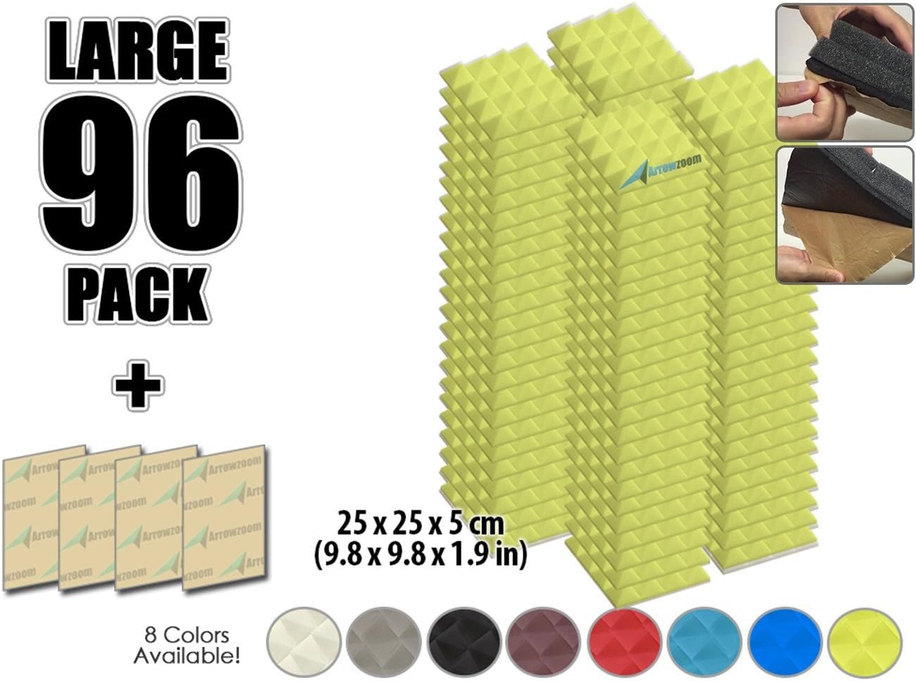 Arrowzoom New 96 Pack of 9.8" X 9.8" X 1.9" Inches Soundproofing Insulation Pyramid Self Adhesive Acoustic Foam Wall Padding Studio Foam Tiles AZ1053 (Yellow)