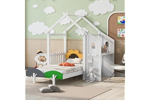 Harper & Bright Designs Twin House Bed for Kids, Wood Twin Size Platform Bed with Desk and Two Handles,Twin Kids Bed Frame with Roof,Windmill and Flower Decor for Girls, Boys,White