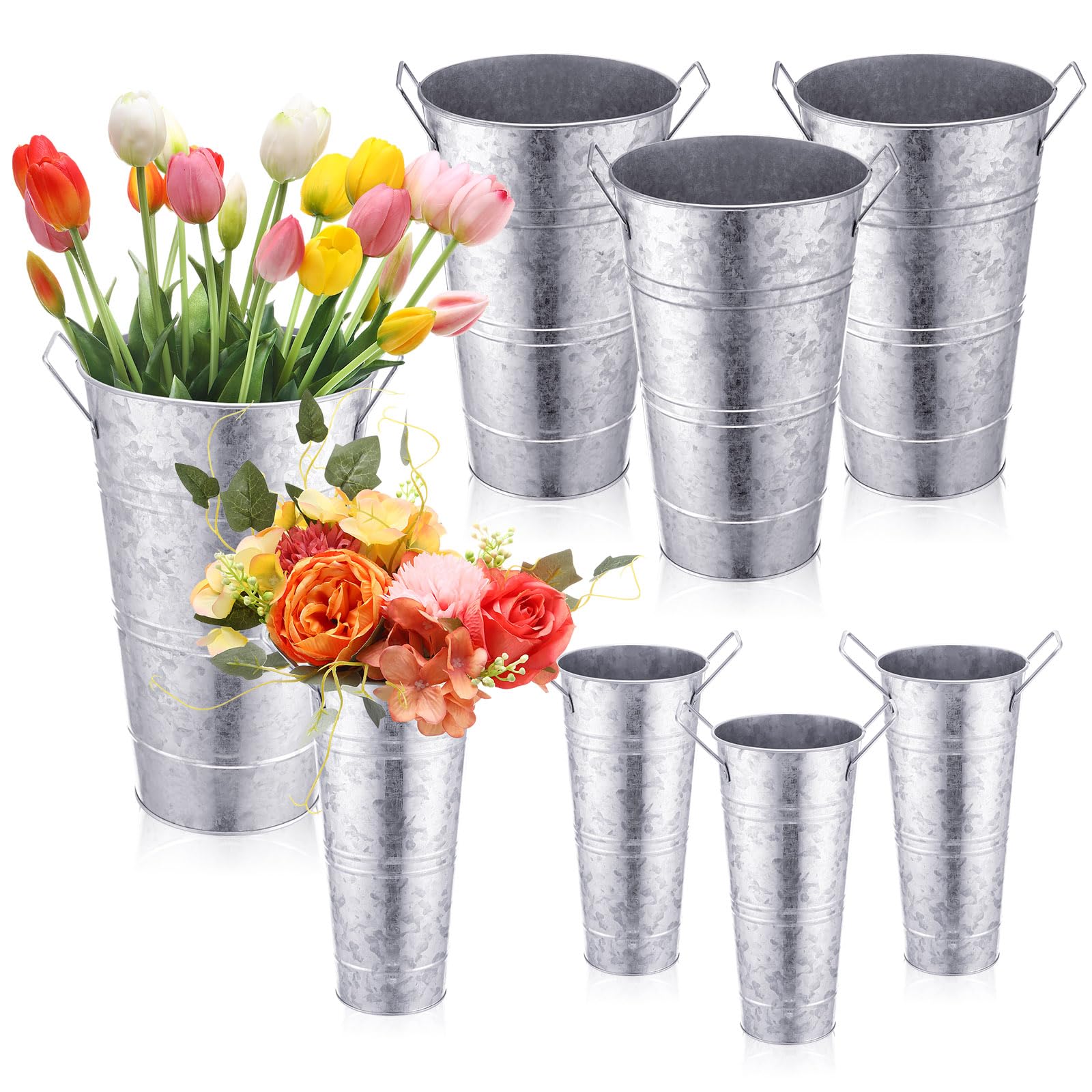 Photo 1 of Chumia 8 Pcs Flower Buckets Bulk 12.6 Inch and 9 Inch Flower Bar Supplies Table Decor Vase Wedding Galvanized Tall Metal French Cut Planter Rustic Vintage Decorative Centerpiece Farmhouse Florist