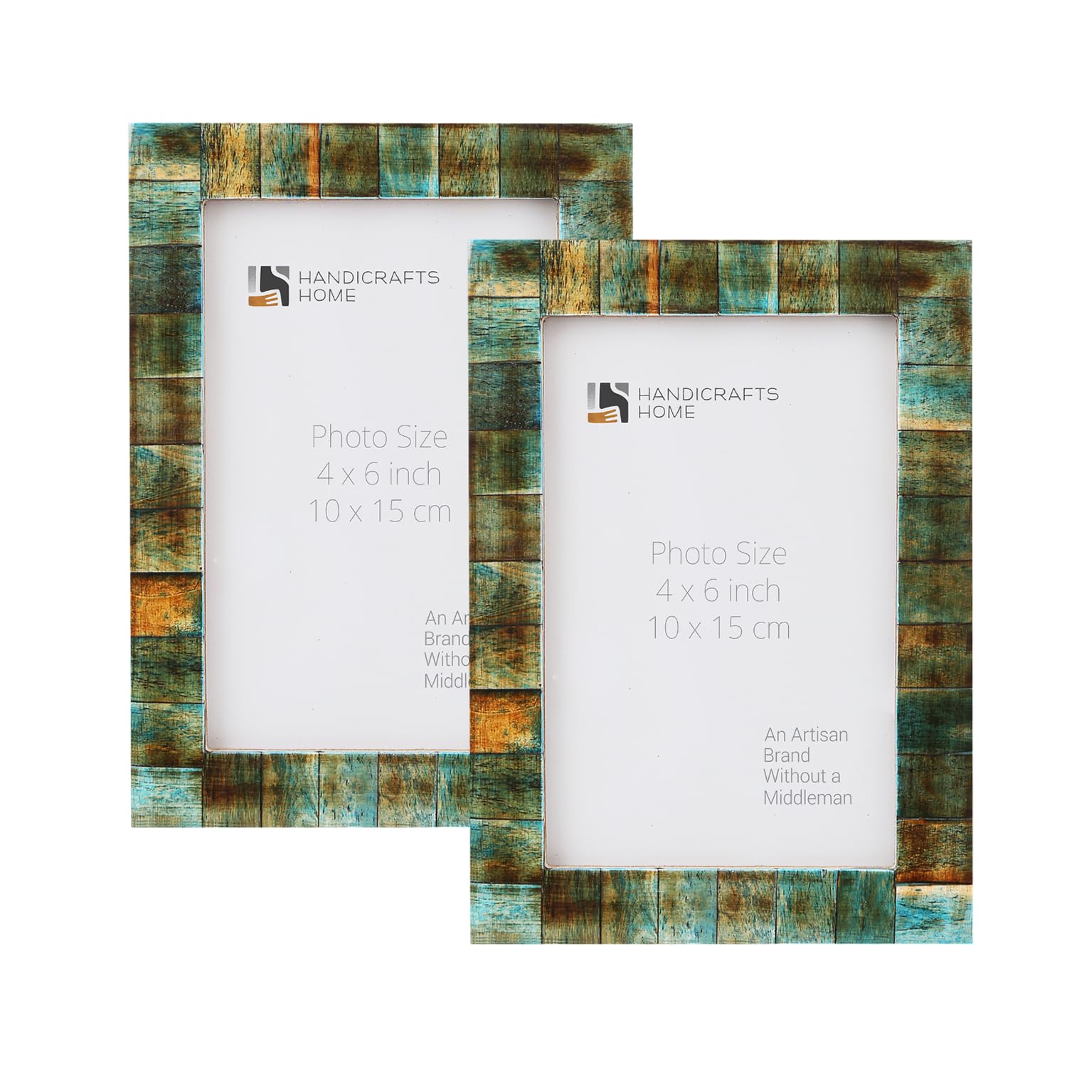 Handicrafts Home Vintage Picture Frame Set of 2 & Farmhouse Decor, Handmade Photo Frame for Wall & Tabletop Display, Turq & Blue 4x6 Picture Frame, Rustic & Antique Decor, Verdigris, Bone Inlay