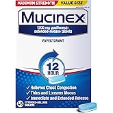 Mucinex 12 Hour Maximum Strength 1200 mg Guaifenesin Extended-Release Tablets for Excess Mucus Relief, Expectorant Aids Excess Mucus Removal, Chest Congestion Relief for Adults, 48 Tablets