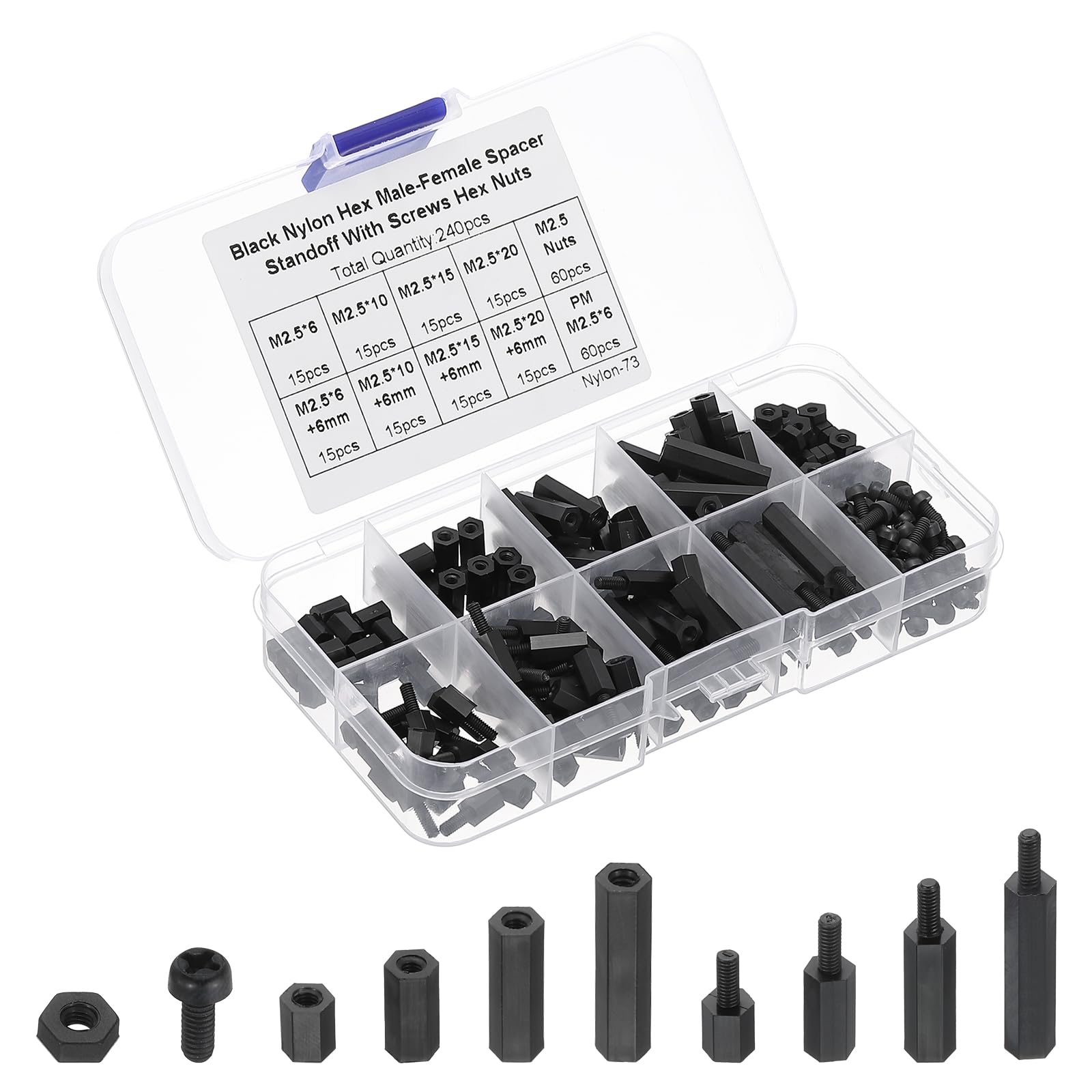 PATIKIL M2.5 Male Female Nylon Hex Spacer Standoff Kit, 240Pcs Motherboard Standoffs Assortment Kit, Electrical Outlet Spacers, Screws Nuts for PCB Motherboard, Circuit Board, Black