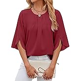 MANSY Womens Tops Dressy Casual Pleated Scoop Neck 3/4 Sleeve Summer Shirts Office Work Chiffon Blouses
