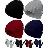 Shyyween 8 Pcs Winter Beanies and Gloves Set for Men Women, Stretchy Knitted Hats Touch Screen Gripper Glove Unisex Warm Gift