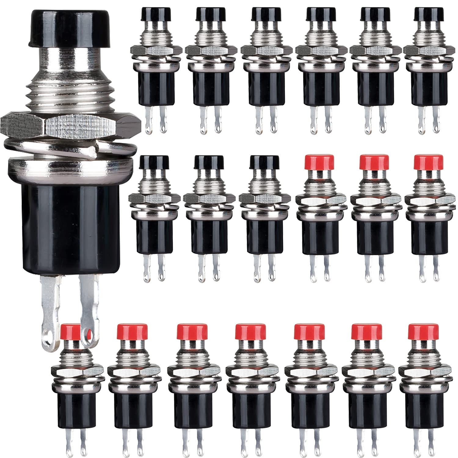 CLDIY 1A 250V AC SPST Normal Closed (NC) Moment Switch 2 Pin Mini Micro Button Red and Black Cap 20pcs