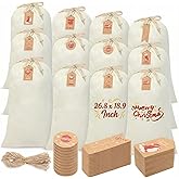 Clysee 12 Pcs Sublimation Blank Christmas Santa Sacks Bags Large Christmas Gift Bags Xmas Cheese Cloths Muslin Drawstring with 50 Kraft Paper Tags and Strings for DIY, 26.8 x 18.9 Inch