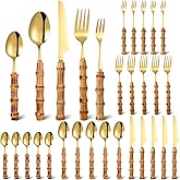 EBOOT 30 Pcs Bamboo Silverware Set 18/8 Stainless Steel Flatware Set | Natural Bamboo Handle Cutlery Kit Tableware Utensil Set Spoon Fork Knives for Kitchen Wedding Home Restaurant Party, Gold