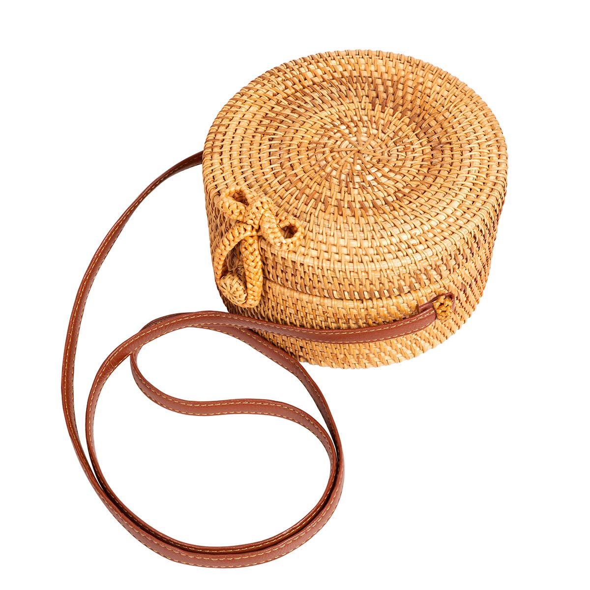 Lefur Rattan Bags for Women Round Handmade Straw Bag Purse Boho Circle Crossbody Handag with Shoulder Leather Strap