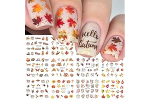 KSTBJN Fall Nail Stickers Thanksgiving Day Water Transfer Nail Decals Yellow Maple Leaves Fall Design Nail Art Stickers 12 Sheets Nail Art Supplies Cartoon Pumpkin Nail Art Decals for Women DIY Manicure